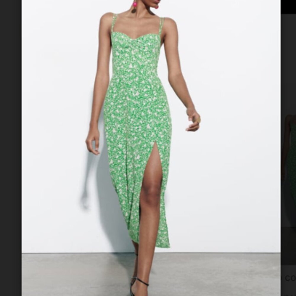 NWOT Zara Printed Corset-Style Dress, Green Size XS